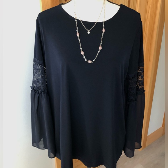 Susan Graver Tops - Susan Graver Navy Lace Bell Sleeve Liquid Knit Top Size Large